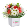 There's an uplifting cheer woven into this Clerkenwell-inspired bouquet-captured upright in a modern square white gift bag, the kind you'd offer at a celebration along Exmouth Market or gift a loved one near Smithfield. Waves of luscious coral and red carnations open in soft, ruffled layers, their vibrant energy tempered by the playful presence of snow-white daisies whose yellow-green centers seem to smile among the blooms. Wisps of baby's breath flutter throughout the arrangement, their fine texture casting a veil of gentle whimsy and innocence. Veiled within the flowers, hints of purple-tinged buds promise new beginnings, reminiscent of a spring morning in St. John's Gardens. Framing it all is an abundance of deep, glossy green foliage, cradling the bouquet solidly at the base and imparting a sense of fullness and skilled care. The light, bouncing softly from petal to petal, illuminates every detail-colours, shine, and subtle fragrance-creating a sense of freshness and celebration unique to a local floral gift delivered across Clerkenwell. With no overt branding to distract, all focus is on the artistry and emotional resonance, making this arrangement ideal for birthdays, congratulations, or simply sending a burst of happiness to someone special in EC1. Each element is a tribute to the thoughtful floristry and distinctive community pride that defines this corner of London.