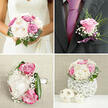 A carefully styled wedding flatlay showcases a complete floral story, as though prepared in a Clerkenwell studio moments before being carried to a nearby ceremony. The bride's bouquet is the heart of the scene, brimming with lush cream peonies and layered blush-pink and lilac roses, all gently wrapped in clouds of white gypsophila. Each bloom opens generously, revealing ruffled, petal-rich centres that almost seem to shimmer in the soft, natural light, like morning sun spilling across a windowsill near St John Street. Surrounding this focal bouquet, coordinating pieces-a petite groom's boutonnière, clustered posies, and hints of greenery-mirror the same colour harmony: creamy whites, soft blush, gentle lavender, and bolder magenta accents. The greenery is smooth and sculptural, offering a fresh, polished frame that keeps the pastel tones from feeling too delicate. You can sense the florist's hand in the layered textures: the velvet of rose petals, the feathery touch of baby's breath, the calm gloss of deep green leaves. Together they form a balanced composition that suggests both romance and intention, ideal for an intimate celebration in one of Clerkenwell's hidden courtyards or converted warehouse venues. The flowers seem to breathe with quiet emotion-hope, tenderness, and the promise of a day shared with close family and friends. This image feels like a pause before the walk down the aisle, capturing the fragrance, colour, and craftsmanship that define a thoughtfully curated London city wedding.