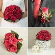 This four-image collage captures a complete red rose wedding story, the kind of cohesive design often chosen by couples marrying around Clerkenwell's hidden courtyards and registry spaces. The top-left photograph shows a bride in a simple white gown holding a tightly bound bridal bouquet, the roses a deep, saturated red that seems almost velvety to the touch. Bright red hypericum berries nestle between the blossoms, and a tidy ring of glossy green foliage frames the base, creating a rounded, tailored look that sits neatly in her hands. Moving to the top-right, the groom's boutonniere is pinned to the lapel of a dark charcoal suit jacket. A single red rosebud is surrounded by wisps of fresh greenery, specks of white gypsophila, and tiny red berries, all neatly tied with a slim red satin bow that picks up the colour of his vibrant red tie and contrasts beautifully with his crisp white shirt. In the bottom-left panel, another bouquet-perhaps for a bridesmaid walking through nearby Spa Fields-spills across a neutral, textured fabric. Here, red roses and clusters of hypericum berries are enveloped by sculptural dark green tropical leaves that curve around the blooms, while a red ribbon wraps the stems, visible to the side. The bottom-right image presents a compact table centerpiece, a dome of red roses and berries that mirrors the bridal flowers. It rests on a white, lattice-like woven sphere of natural fibres, accompanied by two smaller, wood-toned woven balls on a clean, light surface. Behind, a soft beige and grey wall suggests a calm, contemporary reception space, where the repeated red rose motif ties ceremony, buttonhole, and table décor into one harmonious design.