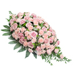 A beautifully composed pink funeral spray is shown laid out on a stark white background, its elongated teardrop form stretching from a wide, flower-rich top left down to a slender, tapered tip at the lower right, like a gentle arc of farewell. The main body of the arrangement is densely packed with soft pink roses, their velvety petals layered in loose spirals from center to edge, some blooms fully open and generous, others slightly closed, adding subtle variation in size and tone. Nestled among them are countless light peach-pink carnations, their distinct ruffled petals creating a plush, almost cloud-like texture that cradles each rose and lends depth to the design. The pastel flowers rest on a foundation of deep, emerald-green foliage; broad, smooth leaves form a sturdy base and outline the shape, while finer sprigs and ferny fronds slip between the blossoms and trail softly from the pointed end, giving a sense of movement and natural ease. The calm blend of blush, peach, and rich green evokes the gentle stillness of an early morning in Clerkenwell, perhaps just off St John Street or near the quiet courtyards behind local churches. Every element appears thoughtfully placed, suggesting the careful work of a florist used to creating tributes for sensitive occasions. This sympathy spray is clearly designed to lie on a casket, grave, or memorial table, offering a message of compassion, solace, and cherished memory to families gathering in Clerkenwell and the surrounding EC1 neighbourhoods to honour a loved one's life.