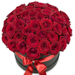 An opulent display of luscious, deep red roses emerges from a chic black hatbox, evoking the creative spirit of Clerkenwell. The blooms-ranging from tightly furled to elegantly open-form a dense, rounded cascade that spills luxuriously over the box's edge, their velvety petals saturated in shades of crimson and burgundy. Every stem has been hand-placed by local florists who know the significance of a truly grand romantic gesture, whether it's a proposal in Spa Fields or an anniversary near St. John's Gate. The hatbox itself, matte black and softly reflecting the ambient light, is banded by a shining scarlet satin ribbon; at the front, a perfect bow is adorned with a sparkling crystal detail, lending a sense of sophistication and subtle glamour. Against the smooth white backdrop, the contrast makes the richness of the reds and the dramatic darkness of the box truly pop, turning the bouquet into a striking centerpiece for heartfelt celebrations. This floral arrangement embodies the artistry and energy that defines Clerkenwell, offering a contemporary yet timeless token of passion, devotion, and celebration to anyone fortunate enough to receive it.