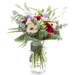 This inviting bouquet, showcased in a simple yet elegant glass vase, beautifully reflects the craftsmanship and lively spirit of Clerkenwell's local florists. At the bouquet's heart, majestic deep red roses bloom in full, symbolising affection and timeless charm-a perfect fit for a celebration nearby, be it a birthday on Farringdon Road or an anniversary dinner along Exmouth Market. Pure white gerbera daisies provide a cheerful contrast, their dark eyes drawing in the light much like the bustling windows of local cafés. Lavender-tinged lisianthus, some opening softly and others waiting in slender bud, lend a whisper of spring and fresh beginnings. Threads of airy white filler flowers add gentle fullness, while a medley of lush greenery brings the whole composition to life. Silvery eucalyptus with rounded leaves, alongside arching, emerald aspidistra, create elegant structure and a refreshing scent reminiscent of morning air drifting through Clerkenwell Green. The transparent vase shares the stems' journey into cool, clear water, a visible promise of freshness from local gardens. Warm and peaceful, this arrangement feels at once contemporary and classic-ready to deliver a sense of newfound joy and harmony to homes, studios, or shops throughout EC1.