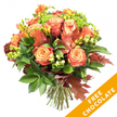 A lush, hand-tied autumn bouquet photographed against a clean white backdrop, its colours and textures described with the care of a local florist. The focal point is a cluster of large, fully opened roses, their petals graduating from soft peach and apricot at the heart to deeper coral and russet tones toward the outer edges, each bloom layered like velvet. Interspersed among the roses are sprayings of bright orange and golden-yellow freesia-small trumpets that open toward the light and lend a sweet, citrus-tinged perfume. Dark, glossy foliage forms a verdant cradle around the blooms, while lighter chartreuse sprigs and dense, bright green Santini-style florets add a refreshing contrast and feathery texture. Scattered through the composition are lime-green hypericum berries, their smooth, glossy surfaces catching the light, and several deep reddish-brown oak leaves whose lobed silhouettes immediately suggest crisp autumn days. The stems are neatly trimmed and gathered at the base, bound with natural jute twine to create a rustic yet refined finish ready for a vase. Soft studio lighting brings out the warm depth of the palette and casts gentle shadows that emphasize petal folds and leaf veins. A prominent diagonal orange banner overlays the bottom right corner with bold white text reading FREE CHOCOLATE, noting a seasonal offer beside the image. This bouquet radiates the comfort of fall evenings and is ideal as a Thanksgiving centrepiece, a birthday surprise, or a warming gift to bring autumn into a Clerkenwell home near Exmouth Market or Spa Fields.