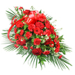 Photographed against a crisp white background, this impressive red funeral spray appears like a gently tapered river of blooms flowing from one end to the other. At the core lies a tightly woven cluster of deep crimson roses, their velvety petals layered in soft spirals that suggest both passion and tenderness. Interlaced between the roses are full-headed red carnations, their ruffled, almost feathery petals creating a thick carpet of texture, while bold red gerbera daisies open outward, each flower presenting a wide, flat face with a darker centre that adds visual depth. Nestled delicately throughout the red petals, small clusters of white filler flowers, similar to baby's breath or tiny chrysanthemums, lend a subtle sparkle, softening the overall intensity with gentle highlights. Near the top, a broad red satin ribbon is fashioned into an elegant bow, its glossy surface catching the light and its long tails threading down through the flowers like a ribbon of memory. Surrounding the rich central blooms, layers of dark green foliage build a lush frame: slender palm leaves extend outward to give the arrangement its elongated, spray-like outline, while denser leaves such as ruscus or salal fill the interior spaces, supported by the occasional fern-like frond for added delicacy. The result is a dignified, one-sided casket spray or standing tribute, the kind chosen for meaningful goodbyes in Clerkenwell's churches and local memorial venues near Exmouth Market, offering a powerful yet graceful expression of love, respect, and lasting remembrance.
