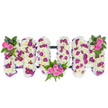 A dignified three-dimensional tribute spells the word MUM in generous capital letters, set against a clean white backdrop so every petal reads clearly. Each letter is built from a dense, cloud-like bed of pristine white chrysanthemums whose small, feathery petals give the surface a soft, pillowy texture and a quiet, comforting brightness. Woven through the white are scattered pockets of deep magenta and purple pom-pom chrysanthemums or spray blooms that create a gentle, rhythmic pattern across the faces of the letters and add visual depth like soft brushstrokes on a canvas. Bright pink spray roses form three delicate focal clusters: one nestles at the upper left of the first M, another graces the upper right of the last M, and a small, intimate bunch sits where the U meets the right-hand M; each rose cluster is cushioned by rich, dark-green fern fronds and mixed foliage that introduce a cool, verdant contrast. Tiny blue accent flowers peek out like shy glints of sky among the greens, giving the piece a subtle pop of unexpected colour. A slim, dark horizontal bar ties the letters together structurally, and a faint purple ribbon along the edges softens their silhouette. The arrangement carries a gentle floral scent - faint tea-rose and green leaf - and reads as both a statement of loss and a tender celebration of a life; its craftsmanship suggests careful hands and reverence. This is the kind of bespoke funeral tribute a Clerkenwell florist might create for a local memorial near Exmouth Market or Spa Fields, offering a comforting, dignified expression of love and remembrance.