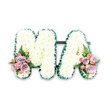 A white funeral letter tribute spelling MA is displayed against a plain white background, its simple setting drawing attention to the detailed floristry that might come from a skilled Clerkenwell workshop. The two capital letters stand close together, their forms built entirely from tight clusters of white chrysanthemums. These blooms create a plush, cloud-like surface, the overlapping petals forming a soft, almost tactile texture that suggests comfort and gentleness. Along the outer edges of both the M and the A runs a narrow border of deep green satin ribbon. This pleated ribbon edge adds crisp definition and frames the letters with a refined touch, the rich green tone providing a subtle yet striking contrast to the bright white flowers. At the base of the left stem of the M and the right stem of the A, two coordinated accent arrangements bring in delicate colour. Each small bouquet is composed of pastel pink roses and slightly cooler lavender or lilac blooms, with smaller pink spray roses clustered in between, their buds and partially opened flowers adding dimension and youthfulness. Light green foliage and a few airy fern fronds spill gently around the roses, giving the tribute a natural, garden-like feel that softens the structured lettering. The tribute appears perfectly suited to rest atop a coffin or beside a photograph at a memorial service in or around Clerkenwell, offering a personalised farewell for a beloved mother, mama, or someone known simply as Ma. The combination of pure white, soft pastels, and fresh greenery communicates reverence, affection, and the wish to remember a life with grace and tenderness.