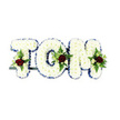 A comforting, handcrafted funeral tribute spells the name TOM in large, three-dimensional letters, each letter formed from a dense carpet of pristine white chrysanthemums whose tiny petals create a pillowy, tactile surface. The chromatic contrast is clear: a narrow royal blue ribbon traces the precise edges of every letter, lending crisp definition and a quiet, dignified accent against the soft white blooms. Nestled within the body of each letter are small, symmetrical sprays - each anchored by a single, velvety deep red rose that reads like a silent heart of affection. Around those focal roses are creamy ivory spray roses and petite white buds, their gentle tones echoing the chrysanthemum's purity, while slivers of fern-like greenery and broader glossy foliage add depth, a green breath that lifts the composition. The letters are subtly mounted on a dark metal support bar, visible just beneath the base, suggesting stability for display at a funeral chapel or graveside service. The arrangement is photographed against a clean white background that allows texture, shadow and colour to resolve clearly: the shadowing emphasizes the sculptural volume of each letter and the sheen of the ribbon. The overall effect is solemn and consoling - a bespoke memorial piece intended to offer presence, respect and warmth in a time of loss. As a local florist familiar with Clerkenwell and nearby Exmouth Market, I picture this tribute standing quietly at a memorial service on Farringdon Road, a gentle expression of love and remembrance crafted with care for family and friends.