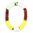 A graceful, U-shaped funeral garland is pictured against a flawless, bright white backdrop, allowing its colours to glow with quiet intensity. The top of the garland is a wide band of tightly clustered white blossoms, each one small yet perfectly formed, together creating a soft, serene canopy that suggests purity, calm, and blessing. As the garland descends along both sides, the colour deepens into a luxurious maroon, close to a deep wine or garnet shade, the petals packed densely enough to form a velvety, almost fabric-like surface that speaks of devotion and heartfelt respect. At the lowest curve, the composition blooms into a generous sweep of golden yellow flowers, bright but not harsh, their rounded petals giving an impression of gentle light and hope within the context of mourning. Fine touches of fresh green foliage punctuate the transitions-particularly where white gives way to maroon and where the yellow base meets the returning sides-adding subtle contrast and the sense that the garland is still very much alive and breathing. The overall structure feels balanced and confident, with each colour section evenly proportioned, as though an experienced florist in Clerkenwell has taken time to ensure harmony and symmetry for a sensitive occasion. It is easy to imagine this garland used to frame a photograph at a remembrance gathering near Clerkenwell Green, laid thoughtfully beside a casket, or placed as a respectful offering in a temple setting, its white, maroon, yellow, and green tones together forming a visual language of honor, gratitude, and peaceful goodbye.