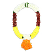 A richly coloured artificial mala is pictured against a stark white background, its U-shaped curve suggesting a gentle embrace meant for a moment of tribute. At the crown of the garland, tight clusters of white petals create a thick, soft-looking collar that immediately conveys serenity and reverence, ideal for a funeral or remembrance setting. Here and there, small strips of leafy green detail are woven into the whites, giving a hint of natural growth and echoing the kind of foliage you might see in the quieter churchyards and memorial gardens tucked around Clerkenwell. As the design flows down each side, the white gives way to sections of deep maroon, a reddish-brown shade that feels dignified and grounding, like aged wood or old red-brick walls. These maroon bands then blend into broad stretches of bright yellow petals along the lower arc, adding warmth and a sense of gentle light to the composition. Just above the centre, slim white segments appear within the yellow on each side, thoughtfully placed to mirror the purity at the top. Suspended from the very bottom sits a full, spherical pendant of vivid orange petals, dense and rounded like a traditional marigold pom, often seen in ceremonial farewells. The petals across the garland look soft and plush, carefully arranged to mimic fresh blossoms while offering the durability of high-quality artificial flowers. Crafted with care, this mala makes a meaningful tribute for cremations, chapel services, or home memorials in Clerkenwell, expressing love, respect, and the enduring brightness of memory.