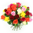 A hand-tied bouquet of roses bursts into view against a smooth white backdrop, the flowers massed together in a generous, almost overflowing dome. The composition is intentionally dense, giving the sense of a bouquet that has been built layer by layer, with each rose carefully placed until the colours flow effortlessly into one another. Deep, romantic reds and ruby tones are interlaced with zesty oranges, bright yellows, and saturated fuchsias, while pale blush pinks and creamy ivory roses soften the effect, lending the arrangement a harmonious, painterly balance. The petals appear soft and velvety, some curling back to expose the intricate centres, others still cupped and just beginning to open, suggesting freshness and longevity. Between the flowers, occasional flashes of glossy dark green leaves introduce a cool, grounding note without disturbing the rich sea of colour. The stems extend neatly below, gathered in a precise bundle and finished with a green and white gingham ribbon, the small-scale checks adding a charming, almost countryside touch in contrast to the clean, contemporary background. The light is bright and flattering, reminiscent of daylight falling across a workbench in a Clerkenwell flower studio, perhaps moments before the bouquet is dispatched to a townhouse near Amwell Street or a design office close to Farringdon station. The scene feels celebratory yet adaptable-equally at home as a romantic gesture, a thank-you gift, or a centrepiece for a gathering in one of Clerkenwell's converted warehouse apartments. The image underlines the care and skill of a local florist who understands how to blend colour, texture, and emotion into a single, uplifting arrangement.