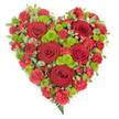 A beautifully composed heart-shaped floral tribute is displayed against a pure white background, the simplicity of the setting drawing full attention to its rich colours and textures. Every inch of the heart is covered, so what you see is an uninterrupted tapestry of red and green, carefully balanced and full of feeling. Large crimson roses, their petals lush and velvety, anchor the design at key points, suggesting deep love and solemn remembrance. Between them, clusters of red carnations and mini carnations create a soft, cloud-like texture, their ruffled petals overlapping so closely that the surface looks almost like gently gathered fabric. Contrasting this sea of red, bright lime-green button chrysanthemums are nestled throughout, their small rounded flower heads introducing a fresh, modern lift and a sense of new life. Around the outside edge, neat sprigs of variegated green and cream foliage trace the heart's outline, while slender fern fronds peek out modestly near the lower point, adding a more natural, garden-like touch reminiscent of the greenery in nearby St James's Churchyard or along Clerkenwell Road. The lighting is even and calm, so the colours remain true and saturated, with no harsh reflections to distract from the design. Created in the spirit of a caring Clerkenwell florist who often prepares tributes for local services and crematoria, this arrangement feels particularly suited to funerals, memorials, and moments of quiet goodbye. It visually conveys the idea of holding someone in your heart, translating love, grief, and gratitude into flowers that speak when words are difficult.