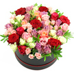A lavish bouquet of roses pours from a chic, black round hatbox, its subtle red base trim echoing the understated sophistication found in Clerkenwell's stylish cafés and studios. Photographed from slightly above against a clear white background, the arrangement appears full and almost overflowing, forming a domed canopy of blooms where every angle reveals new tones and textures. Deep crimson roses create the central drama, their velvety petals curling inward in tight, luxurious spirals that suggest intense love and passion. Woven among them are romantic blush and fuchsia roses, whose softer shades add tenderness and playfulness, while warm peach and apricot tones bring a flattering warmth similar to evening light over Clerkenwell Green. Creamy white and ivory roses punctuate the bouquet with brightness, offering a gentle, classic contrast to the bolder colours. Here and there, lavender and light purple roses introduce a contemporary, slightly whimsical touch, hinting at the creativity of the local design community. The roses vary in size and openness: wide, multi-layered rosettes sit alongside smaller buds and compact spray roses, creating an intricate texture that rewards a lingering gaze. Slim stems of greenery, likely ruscus or eucalyptus, are tucked thoughtfully between the blooms, their cool, glossy leaves enhancing both colour and freshness. The clean, even lighting and white backdrop strip away distractions, leaving only the rich interplay of hues and the sense of volume and abundance. This elegant hatbox arrangement feels ideal for intimate anniversary dinners, special birthdays, or Valentine's surprises delivered to homes and studios across Clerkenwell, carrying with it a message of deep affection, celebration, and carefully considered style.