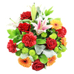 This top-down photograph reveals a generous, dome-shaped bouquet set against a pure white background, allowing every flower and leaf to be clearly defined. At its heart, deep red roses with velvety, layered petals sit alongside similarly rich red carnations, whose ruffled textures bring a sense of fullness and softness. Rising above these are star-like Oriental lilies in shades of blush pink and white, some blooms open and speckled, with golden stamens reaching out, and others closed in smooth green-tipped buds that hint at tomorrow's beauty. Scattered throughout are bright orange and yellow gerbera daisies, their daisy-like faces and darker centres adding a joyful, almost sunlit quality, like a bright afternoon around Clerkenwell Road. Tucked between these larger heads, rounded lime green button chrysanthemums add a playful, tactile contrast and a lively pop of fresh colour that keeps the arrangement feeling crisp and contemporary. The bouquet is framed by a mixture of foliage, including broad, dark green leaves that provide a strong, grounding base, and softer, silvery-green leaves that create gentle movement around the edges. The lighting is even and soft, with no harsh shadows, giving the impression that this is a carefully styled product image ideal for an online florist serving Clerkenwell and nearby Farringdon. The overall mood is warm, celebratory, and generous, making this arrangement perfect for birthdays, thank you gifts, congratulations, or to brighten a modern apartment overlooking Exmouth Market with a burst of rich reds, bright citrus tones, and cool green accents.