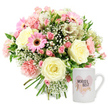 Photographed in a bright, white studio setting, this image showcases a tender floral gift set that seems tailor-made for celebrating a special mum in Clerkenwell. On the left, a lush, rounded bouquet is arranged with the care and balance you might expect from a local florist near Clerkenwell Road, its colours harmonising in soft pinks, creams, and fresh greens. At the centre, several large cream-coloured roses open fully, revealing layered, spiral petals with a velvety texture that almost suggests a gentle fragrance. Around them, pale blush carnations with finely ruffled petals add a sense of movement, each bloom curling and folding like fabric. Bold pink gerbera daisies provide lively accents, their darker centres offering a striking contrast to the lighter pastels and bringing a cheerful brightness to the composition. Interspersed among these larger flowers are elegant white alstroemeria, their long, slender petals delicately speckled with reddish-brown markings, and soft clouds of white baby's breath that weave between the blooms, lending an ethereal, airy quality. Sparse yet purposeful green foliage peeks out around the edges, giving the arrangement structure and a natural garden feel. The stems are visible at the bottom, neatly gathered to suggest a hand-tied design ready for same-day delivery to a doorstep in nearby Holborn or Barbican. To the right, a smooth white ceramic mug stands upright, its surface clean and polished. On the front, a soft, watercolour pink heart forms a gentle backdrop for the words WORLD'S BEST in crisp black lettering, positioned above Mum, which is written in an elegant, shimmering gold or rose-gold script. The combination of the fresh, romantic bouquet and the heartfelt message on the mug creates an unmistakable impression of love, appreciation, and everyday comfort, ideal for Mother's Day, birthdays, or simply reminding a mum how cherished she is.