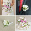 This four-image collage presents a fully coordinated wedding flower collection, much like those often requested for chic ceremonies and receptions around Clerkenwell, from hidden courtyards to modern loft venues. In the top-left frame, the focus is a bride's torso and hands, her white lace dress providing a delicate backdrop for a lavish cascading bouquet. White phalaenopsis orchids tumble gracefully downward, their petals broad and silky, cupping soft yellow centres. Nestled among them are blush pink garden roses, pale lavender stock blossoms, tiny tufts of white gypsophila, and a gentle halo of fresh green foliage. Slender, deeper pink spiky flowers add a bolder note, giving depth and character to the otherwise pastel composition. The top-right image moves to the groom: a dark charcoal or black suit jacket fills the scene, set off by a vivid red tie and patterned shirt. On his lapel, a single white phalaenopsis orchid boutonniere is pinned with care, edged by clusters of baby's breath and slim green sprigs, with stems tightly wrapped in smooth white ribbon so it feels secure yet light during a day of hugs and photographs. The bottom-left photograph isolates this boutonniere on a neutral, light beige textured fabric, perhaps like the linens used in local Clerkenwell restaurants for wedding breakfasts, allowing the crisp petals, tiny white blooms, and neat ribbon finish to be seen in close detail. In the bottom-right frame, a coordinating table centrepiece sits on a white surface: white orchids arch over pink roses, lilac stock, baby's breath, and foliage, all arranged in a white woven cylindrical vase, flanked by two white wicker spheres. The ensemble looks ready to grace a wedding table near Clerkenwell Green, tying bouquet, buttonholes, and décor into one harmonious floral narrative.