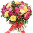 A lush, tightly gathered hand-tied bouquet of premium roses presented against a pure white background, the composition radiating warmth and celebration. The arrangement mixes large, fully-open hybrid tea roses with smaller clustered spray roses and a scattering of tight buds, their forms spiralling outward to create a domed, abundant silhouette. Colour plays the lead: sunlit bright yellow blooms sit beside creamy ivory roses, a spectrum of pinks from soft blush through vivid fuchsia to delicate bi-coloured pink-and-white petals, and deep, velvety burgundy and crimson accents that add romantic depth. Glossy dark green foliage-likely ruscus or salal-threads through the blooms, its smooth, reflective leaves giving contrast and a fresh, woodland frame to the softer petals. At the gathered stems a wide, red satin ribbon is tied into a bold, elegant bow with long tails that fall like a ribboned promise; a small white tag tucked into the knot bears the words Happy Holidays, adding a festive, personal note. The texture shifts beautifully between silky open petals and the firmer, compact spray roses and buds; under soft daylight the petals catch a delicate sheen and the bouquet seems to breathe. A gentle, clean floral scent with faint citrus top notes could be imagined rising from the cluster, inviting close, heartfelt moments. This is a celebratory arrangement that would suit birthdays, anniversaries, Valentine's and Mother's Day, or any occasion when you want to send warmth and affection - a bouquet that feels both opulent and sincerely hand-crafted, reminiscent of seasonal stalls around Clerkenwell Green and the comforting hum of nearby Leather Lane market.