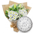 White and silver anniversary bouquet and balloon styled as a Silver Jubilee gift, ideal for a 25th wedding celebration in Clerkenwell. The image shows a generous cluster of fresh white chrysanthemum daisies, each with a clear yellow centre, layered so closely that they create a plush, cushion-like effect. Rising through this sea of petals are long, tapering white lily buds, their petals still wrapped tight with faint green edges, suggesting an unfolding story of blooms over the next few days. Interspersed are delicate sprays of white baby's breath, the tiny flowers on branching stems lending a gossamer lightness that softens the stronger shapes. Deep green leaves frame the bouquet, some broad and glossy, others more slender, contributing depth, contrast, and a sense of garden freshness you might expect from a local Clerkenwell florist. The bouquet is neatly wrapped in transparent cellophane, which gives a subtle shine, then enclosed in layers of brown kraft paper, folded with care into structured panels and tied firmly at the base for a tidy, hand-tied finish. To the lower right of the arrangement, a shimmering silver foil balloon completes the composition. This round balloon carries a decorative border of swirling scrolls and floral patterns in darker silver, while the word 25th stands proudly in the centre in flowing script. Softly repeating in the background are the words Happy Anniversary, almost like an echo. The overall effect is one of calm elegance and meaningful celebration, perfect for marking a quarter-century milestone in a stylish London setting.