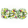 A heartfelt floral tribute forming the word DAD is presented in three sturdy block letters, laid out horizontally against a plain white background so the colours and textures are the clear focus. Each letter is framed with a generous collar of dark green ferns and leafy foliage, their fronds curving around the edges to soften the shape and echo the natural greenery you might pass on a quiet walk through Clerkenwell's hidden gardens and churchyards. Within this living border, the florist has packed the flowers closely, creating a dense tapestry of petals that gives the letters a strong, readable outline. White blooms dominate the design: large chrysanthemum heads and open, daisy-like white gerberas build a calm, traditional base, their rounded, slightly ruffled petals suggesting comfort and serenity. Punctuating the white are clusters of cheerful yellow flowers-mini daisies, button chrysanthemums, and delicate yellow spray roses-bringing gentle brightness and a sense of hope amid sorrow. Rich purple lisianthus and deep magenta or fuchsia-toned spray roses add depth and emotional resonance, while small lavender-hued filler flowers and bright green button mums tuck into the gaps, providing extra texture and contrast. All the flowers are carefully angled towards the viewer, ensuring the tribute is clearly legible when displayed in a Clerkenwell chapel, funeral home, or at a graveside gathering nearby. This DAD arrangement feels both traditional and deeply personal, a sympathetic choice to accompany final goodbyes and to honour a father's memory with grace and beauty.