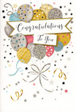 This ornate congratulations card feels like a graceful nod to celebration, the paper equivalent of a balloon bouquet brought into a sunlit Clerkenwell apartment. In the centre, a charming cluster of balloons floats upward, each one softly rounded and glowing in tones of warm gold, brushed silver, champagne, sky blue, rose pink, and muted grey. Some balloons are patterned with thin metallic stripes, others with tiny twinkling stars or dustings of fine glitter, creating a play of texture that suggests raised ink and delicate sparkle beneath your fingertips. Their slim golden and silver ribbons trail downward in loose, curling lines, overlapping and looping as if swayed by a gentle indoor breeze. Surrounding the main cluster, a soft, almost velvety background is scattered with miniature stars, confetti dots, and elegant swirls, like the remnants of a celebration lingering in the air after guests have left a cosy gathering off Clerkenwell Road. Across the middle of the design, a flowing banner stretches gracefully from side to side, holding the word 'Congratulations' in refined, flowing script, the lettering balanced and confident yet full of warmth. Nothing here is overly bright or garish; instead, the colours and metallic touches are subtly layered, giving the card a sophisticated, timeless look that pairs beautifully with a fresh bouquet delivered locally. As a florist who often helps customers choose just the right finishing touch for promotions, exam successes, and new chapters around Clerkenwell and Farringdon, I see this card as a quietly radiant companion-something that adds an extra layer of pride, joy, and polish to any meaningful achievement.