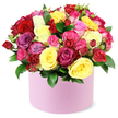 From our Clerkenwell studio, this vibrant, rose-forward arrangement sits in a round, soft pastel pink hat box. The domed display is a tapestry of color: large-headed crimson roses, sunlit yellow blooms, bright fuchsia, delicate pinks, magenta, lavender, and creamy white. Interspersed among the main blooms are smaller spray roses and tight buds, adding texture and depth, while dark green leaves frame the bouquet and peek through the petals at the rim of the box. The matte-finish pastel pink container anchors the composition with contemporary simplicity. The image rests on a clean white background, allowing the colours to read as a celebration of life and joy. This gift is ideal for birthdays, anniversaries, or a heartfelt surprise, and it is available for same-day delivery across Clerkenwell, Farringdon, and nearby districts. The scent of fresh roses mingles with hints of morning markets and urban green spaces, inviting a sense of warmth and comfort. The craftsmanship is evident in the careful layering of petals, the precise spacing of stems, and the dome that holds its shape. A premium bouquet designed to delight, express gratitude, and brighten rooms across central London, with dependable delivery to homes and businesses alike.