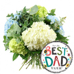 A thoughtful Father's Day bouquet and balloon duo is shown against a clean, uncluttered white background, capturing a moment of celebration with quiet sophistication. The upper left and centre of the image are filled by a generous, hand-tied hydrangea bouquet, its rounded silhouette composed of large flower heads in a calming palette of white, blue, and green. At the centre, creamy white hydrangeas form a soft focal point; their small, overlapping petals build into billowing clusters that look almost cloud-like. Around them, pale blue hydrangeas bring a cool, peaceful tone, while lively lime green hydrangeas tuck in along the edges, adding a fresh, zesty accent that keeps the design from feeling too formal. Interwoven through the blooms are sprigs of silvery eucalyptus and darker green foliage, each leaf catching the light differently and adding texture and depth, much like the varied greenery you might see wandering through Clerkenwell's hidden courtyards. The straight green stems are gathered at the bottom, neatly tied to show the bouquet as a ready-to-gift piece. To the lower right, gently overlapping the flowers, a glossy round foil balloon introduces a burst of playful energy. Its white centre is framed by chic black-and-white stripes at the top and bottom, and across it stretches the message For the BEST DAD EVER! rendered in a mix of fonts and bright colours. The words BEST and DAD are highlighted in patterned reds, teals, and greens, accented by a tiny No. 1 rosette icon and surrounded by scattered stars and confetti-like dots. The overall effect is a warm, joyful tribute, ideal for sending love to a dad being celebrated in Clerkenwell.