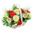 A serene and elegant funeral arrangement fills a pale wooden basket, its gentle oval form and softly curved handle framed by a pure white backdrop. The light-coloured wood, with visible natural grain and small supporting feet, adds a quiet, homely touch, reminiscent of a calm corner in a Clerkenwell townhouse. Rising from this base is a generously full, dome-shaped cluster of fresh flowers, blending creamy white, rich red, and pale pink tones in a way that feels both composed and heartfelt. Several creamy white roses sit prominently, their petals richly layered and fully open, radiating a sense of peace, reverence, and tender remembrance. Around them, red carnations with deeply frilled petals add depth and warmth, their saturated scarlet shades speaking of devoted love and the strength of shared memories. Mixed among these are softer pink carnations, including some with white centres and petals edged or flecked in red, softening the transitions between colours and giving the arrangement a gentle, painterly quality. Slender stems of delicate white flowers, likely freesias, weave through the larger blooms, their bell-shaped florets adding a light, airy touch and suggesting a faint, fresh fragrance. The whole basket is underpinned by a bed of lush, dark green foliage, such as ruscus or salal, with occasional wisps of fine, feathery greenery that lift the edges and corners. Crafted with sensitivity by local florists serving Clerkenwell and the EC1 area, this floral basket feels especially suited to funerals, memorial services, and condolence tributes, offering a graceful, traditional way to honour a loved one and bring comfort to family and friends gathered to say goodbye.