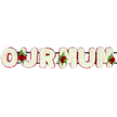 A horizontal OUR MUM floral letter tribute is shown against a bright, uncluttered white background, allowing the viewer to focus solely on the flowers and their message. Each large capital letter is shaped on a hidden frame, then densely covered with small white chrysanthemum blooms or similar dainty flowers, so tightly arranged that they form a continuous, cloud-like surface. The letters have a gentle curve to their top surfaces, giving them a plump, cushioned appearance that feels both soft and reassuring. Around every edge, a neat border of deep red spray flowers creates a refined outline, their rich colour and frilled petals giving definition and contrast to the pure white centres. Between the letters, dark green connecting bars are just visible, hinting at the solid construction beneath, suitable for transport and display at a funeral or memorial service in Clerkenwell. Three thoughtfully placed clusters of red roses, combined with sprigs of lush green foliage, add focal points of emotion along the tribute. One grouping rests between the O and U, another nestles between the U and first M, and a final arrangement sits near the outer edge of the last M, guiding the eye gently from left to right. The velvety red roses introduce a deeper, more romantic tone, symbolising devotion, gratitude, and cherished memories of a mother. This OUR MUM arrangement, with its classic white, red, and green palette, would feel perfectly at home in a quiet church near Clerkenwell Green or a crematorium chapel, offering a tender, fragrant expression of farewell from family and friends.