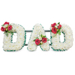 A solemn, hand-crafted funeral tribute spelling out DAD in three bold, three-dimensional block letters, each densely covered with a cloud of pristine white chrysanthemum blooms that give the surface a soft, feathered texture. The letters sit against a clean, bright white backdrop and are rimmed with a deep emerald green pleated ribbon that crisply defines each edge, lending a formal, considered structure to the composition. Small, artful clusters of florals punctuate the letters: rich red roses provide a warm, velvety focal point on the upper curve of the left D, a mirrored spray crowns the right D, and a balanced cluster rests within the A. Interspersed among the roses are petite white freesia or lisianthus buds and fresh verdant foliage, with slender loops of bright green bear grass in places, adding a light, contemporary sweep. Subtle, dark green or black metal bars are visible behind the letters, discreetly supporting the display and keeping the trio aligned for ceremony or graveside placement. Soft, diffused lighting highlights the creamy centers of the chrysanthemums and the satin sheen of rose petals, while the cool green trim and foliage bring a sense of composure and quiet dignity. The overall effect is one of peaceful reverence-white for purity and truth, red for deep affection-making this arrangement a deeply personal way to honour a father. As a local Clerkenwell florist might describe it when arranging for a memorial at nearby Spa Fields or St John's Square, the tribute combines classic sympathy language with careful craftsmanship suited to a chapel service or a family graveside farewell.