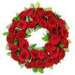 Vibrant and striking, this wreath of numerous deep red roses sits against a pristine white backdrop, forming an unbroken circle that radiates solemn grace. The roses are densely packed, their velvety petals layered in rich crimsons with subtle folds that catch the light. Small clusters of bright green foliage-the broad, matte eucalyptus-like leaves and sharper ruscus-provide a natural counterpoint that intensifies the red. This classic tribute, framed by the pure white background, speaks of love, courage, sacrifice, and remembrance. It's a symbol you'll see at funerals, memorial services, Remembrance Sunday ceremonies, or to honour a life well-lived. In Clerkenwell, we often guide families toward taking the wreath to nearby churches or memorial halls along streets like St John Street and Clerkenwell Green, ensuring peaceful delivery across the area with a same-day option. The craft behind it-the careful layering of petals, the evenness of the ring, the balance of green-carries a message of respect that can accompany a service or sit in quiet remembrance at home. The arrangement is finished with a soft, natural glow that suggests a lantern-lit evening and a gentle, enduring warmth. It is, at heart, a solemn celebration of memory and a gesture of condolence that speaks to the heart.