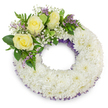 A serene, circular sympathy wreath resting against a clean white backdrop, crafted from a dense pillow of pristine white spray chrysanthemums whose ruffled petals create a soft, cloud-like texture that reads as quiet dignity. The wreath holds a perfect open centre and a subtle depth, the chrysanthemums packed so closely they form a plush, even ring that suggests peace and repose. Along both the inner and outer rims, a fine thread of deep purple netting or ribbon peeks through the white, adding a discreet halo of colour and pulling the composition together without disturbing its calm. At the upper-left quarter a small, artful spray breaks the circle: three creamy yellow roses unfurling with velvety petals, their warm, gentle tones speaking of friendship and tender remembrance. These are cushioned by airy white gypsophila that lifts the cluster with a lacy softness and by tiny lavender-purple statice or limonium blooms that lend cool contrast and a faint, dry perfume. Various leafy greens - broad glossy leaves mixed with feathery fern fronds - cradle the flowers, bringing a fresh, slightly herbal scent and a contrasting texture that makes the pale blooms read even more luminous. The lighting is soft and even, throwing a faint shadow that grounds the wreath on the white surface and emphasises the workmanship: careful wiring, layered blooms, and considered rhythm. As a Clerkenwell florist might arrange for a local farewell at Spa Fields or a quiet chapel near Exmouth Market, this wreath offers an understated, respectful gesture of remembrance, crafted to comfort and to honour a life with restrained elegance.