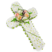 A serene funeral cross arrangement is depicted against a clean white background, allowing the refined floral work to be fully appreciated. The cross is generously packed with white cushion chrysanthemums, each bloom snugly fitted next to the other, forming a soft, even surface that brings to mind purity, light, and the hush of a prayerful moment. A narrow trim of vivid green foliage traces the outline of the cross, from the top of the upright through the arms down to the base, giving it strong definition and a fresh, living edge. This crisp border echoes the pockets of greenery that soften the stone and brick around Clerkenwell, from small churchyards to hidden courtyards off the main roads. At the centre of the cross, a slightly elevated spray of roses becomes the focal point, drawing the eye gently inward. The roses open in harmonious tones of soft peach, delicate blush pink, and creamy white, their overlapping petals creating a sense of tenderness and care. Around them, light sprays of fern, slender strands of bright green grass, and tiny purple filler blooms are carefully interwoven, introducing depth, movement, and a hint of subtle colour that does not overwhelm the purity of the white base. The composition feels balanced and thoughtful, a floral expression of sympathy and faith designed for funerals, memorial services, or cremation ceremonies. Whether placed in a historic Clerkenwell church, a modern chapel nearby, or laid by the graveside, this floral cross speaks in quiet, reassuring tones of love remembered and a life honoured with grace.