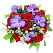 From above, this bouquet appears as a lush, circular tapestry of colour set against a clean white background, the kind of artful arrangement you might receive from Clerkenwell Flowers for a milestone celebration or romantic evening near Exmouth Market. The eye is immediately drawn to the mass of deep red roses at the centre, their tightly layered, velvety petals spiralling inward and creating a sense of depth and intensity, like candlelit conversations and long-held promises. Among these classic blooms, Vanda orchids in sumptuous lavender-purple unfurl their wide, open petals, each one beautifully speckled with darker violet, adding a modern, exotic twist that plays off Clerkenwell's creative, design-led character. Around them, lisianthus flowers in tones of violet and soft lavender introduce a lighter, airier texture; some blossoms are fully open with softly ruffled edges, while others rest as graceful buds, suggesting stories and emotions still unfolding. Small, pale purple buds and florets tuck into the gaps, giving the arrangement a layered, intricate finish that feels both curated and natural. Encasing the rich reds and purples, glossy dark-green rose leaves and fine filler foliage provide a lush, verdant frame, while arching stems of silvery eucalyptus bring a cool, misty green tone and a gentle, refreshing scent. At the lower edge, a faint shimmer of silvery-grey mesh hints at an elegant hand-tied wrap, as if the bouquet is moments away from being presented at a dinner on St John Street or delivered to a loft near Farringdon. Bathed in clear, even light, this arrangement radiates romance, luxury, and the thoughtful craftsmanship of a skilled Clerkenwell florist.