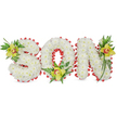 A tender, three-dimensional memorial arrangement spells out the word SON in large sculpted letters, each letter densely covered in pure white chrysanthemum blooms that form a cloud-like, tactile surface. The chrysanthemums' petals create a soft, uniform texture that reads as quiet purity; under soft studio lighting you can almost sense the gentle powder of the petals and the cool, clean scent that chrysanthemums sometimes hold. Around the entire perimeter and within the hollow of the O a vivid red ribbon is looped into a continuous scalloped border, the glossy satin edge providing a vivid, solemn contrast to the matte white heads. Nestled deliberately at the upper left of the S, the base of the O, and the upper right of the N are three lime-green Cymbidium orchids - their waxy petals a fresh yellow-green with a pale orange to reddish-brown throat - each surrounded by a small spray of glossy green leaves and fine fern fronds that trail slightly to add natural movement and height. The overall effect is quietly reverent: crisp green foliage and the orchids' structured blooms lift the white letters, creating depth and a gentle focal rhythm across the tribute. Designed for use as a funeral or graveside tribute, the piece reads as both a statement of love and a handcrafted symbol of remembrance. As a local Clerkenwell florist would note when preparing for a service near Exmouth Market or Leather Lane, the craftsmanship here balances precision and warmth, making the arrangement suitable for a chapel display, memorial service, or photograph to share with family who could not attend.