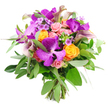 Presented against a pure white background, this vibrant hand-tied bouquet looks like a burst of colour caught at its freshest moment, the kind you might have delivered to a stylish apartment off Clerkenwell Road. At the centre, generous heads of Vanda orchids in deep fuchsia-purple spread their broad petals wide, each one veined and speckled in lighter tones that highlight their exotic, almost tropical origin. Surrounding them, clusters of bright orange roses are packed closely together, their tightly spiralled petals creating compact, glowing spheres of colour that suggest joy, energy, and celebration. Weaving through the arrangement, soft garden-style roses in shades of blush and pastel pink shift from firm buds to gently open, layered blooms, bringing tenderness and a touch of romance. Threaded vertically through this rounded cushion of petals, sleek calla lilies in understated plum and lavender tones lift their elegant, trumpet-shaped flowers, giving the bouquet a graceful, architectural line. A generous sweep of fresh greenery supports and frames the blooms: slender, silvery eucalyptus stems and darker, glossy leaves form a cool, textural base that contrasts beautifully with the warmer flower tones. Fine sprays of lavender-hued filler flowers and tiny, bright green stems punctuate the design, adding lightness, movement, and detail. The stems are visible at the bottom, neatly gathered and tied to show the bouquet's hand-crafted nature. Taken together, the rich purples, oranges, pinks, and greens create a luxurious yet uplifting mood, perfect for celebrating a promotion in a Farringdon office, brightening a creative studio near Exmouth Market, or simply sending a sophisticated, joyful gesture across Clerkenwell with same-day local delivery.