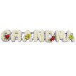 A bespoke floral tribute spelling GRANDMA stretches horizontally across the frame, each letter clearly defined against a crisp white background that makes the flowers almost glow. The capital letters are densely padded with small white chrysanthemums, placed tightly together so that the surfaces appear smooth and luxuriously thick, like soft white cushions. Just along the base of each letter, a narrow edging of pale lavender blooms introduces a delicate wash of colour, subtly lifting the white and helping each shape stand out. On the left-most letter, the G, three deep red roses cluster at the lower curve, their velvety petals layered and full, nestling among glossy dark green leaves. The first A bears two vibrant yellow-green cymbidium orchids gently resting on its crossbar, their patterned, reddish-streaked centres giving an exotic accent. The central run of letters R, N, and D is composed purely of the white flowers with the lavender trimming, composed and serene. Farther along, the M is adorned with another trio of rich red roses cupped into its lower right stroke, creating a visual dialogue with the roses on the G, while the final A reprises the two distinctive green orchids. A slim, dark metal framework discreetly connects the letters along their top edge, strong enough to support the piece on a stand at a funeral or memorial gathering, perhaps in one of Clerkenwell's churches or halls off Rosebery Avenue. The overall mood is one of quiet dignity and enduring affection, a carefully considered floral farewell for a treasured grandmother.