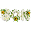 A tender, horizontal floral tribute spelling SON in capital letters, photographed on a clean white background so every texture and hue reads clearly. Each letter-S, O and N-is carefully formed from a dense carpet of small, pristine white chrysanthemums, their rounded petals packed tightly to create a soft, cloud-like surface that suggests quiet reverence. Dark green ivy threads are artfully woven through and around the letters, the glossy five-pointed leaves and twisting stems lending depth and a sense of steady, evergreen remembrance. Lighter fern fronds and pointed green sprigs nestle into the curves, adding filigree and a fresh, leafy contrast against the pure white chrysanthemum field. Three cheerful sunflowers punctuate the design: one tucked into the upper-left curve of the S, another cradled at the lower arc of the O amid trailing fern leaves, and a third crowning the upper-right of the N. Their broad golden-yellow petals fan out around distinct deep brown centres, bringing a warm, hopeful accent to an otherwise serene palette. The arrangement reads as both a peaceful farewell and a celebration of memory-white for purity and peace, green for life and continuity, and sunny yellow for warmth and affection. Soft studio lighting highlights the chrysanthemums' velvety texture and the sunflowers' glossy faces without harsh shadows, while the overall composition reflects the careful hand of a local Clerkenwell florist who understands sensitivity and craft. This visual speaks quietly of love and remembrance, suitable for a funeral tribute, memorial service, or any occasion honouring a beloved son.