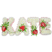 A carefully composed sympathy tribute spells the name KATE in bold, three-dimensional letters fashioned entirely from small, pristine white spray chrysanthemums. Each letter is a soft, cushiony carpet of tightly packed white blooms whose layered petals create a quiet, tactile surface that reads as purity and calm from any angle. A pale, ruffled blush-pink ribbon trims the outer contours of each letter, its gentle pleats catching the light and softening the white, while a delicate drop shadow beneath the forms gives the composition subtle depth against a clean white backdrop. Punctuating the serene palette are clusters of glossy red anthuriums, their heart-shaped spathes and upright spadices placed like warm, reverent accents across the letters; these bold red blooms sit amid rich, dark green foliage - broad leaves, fern fronds and fine trailing tendrils - which weave between and around the characters to suggest continuity and an organic embrace. Viewed closely, the arrangement suggests a faint, green-tinged scent of fresh foliage and chrysanthemums, an understated fragrance suited to remembrance. The overall effect is composed and tender, designed for a funeral, wake or celebration of life where a personalised name tribute brings comfort and presence. As a local touch, this style of bespoke floral lettering is often chosen by families in Clerkenwell and around Exmouth Market who want a quietly authoritative expression of love and respect. The craftsmanship is meticulous: uniform blooms, neat ribbon work and thoughtfully placed anthuriums that ensure the name reads clearly from a chapel entrance or graveside.