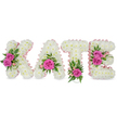 A lovingly made, freestanding floral tribute spells the name KATE in substantial three-dimensional block letters, each letter formed from hundreds of small, pristine white chrysanthemums packed tightly to create a cloud-like, textured surface. A pale pink satin ribbon traces the inner contours of every letter, its soft sheen offering a gentle, feminine edge against the snow-white chrysanthemum base. Strategic clusters of vivid hot-pink roses punctuate each letter: two opened roses sit on the left arm of the K, a single prominent pink rose nests low in the A, one vivid bloom anchors the base of the T, and a pair of roses sit along the right side of the E. Around these focal roses, lush green foliage - ruscus, fern-like fronds and variegated leaves - peek through, while tiny light-pink buds and delicate alstroemeria-style accents lend a whisper of extra texture. The dense packing of the chrysanthemums gives the letters a sculptural, tactile quality and the composition casts soft shadows on the clean white background, reinforcing the sense that each letter is a freestanding memorial piece. In gentle lighting the whites glow and the pinks provide a compassionate, warm contrast; the scent of fresh roses is implied in the image, lending the tribute quiet dignity. This arrangement reads as a personalised sympathy or funeral tribute - a tender, respectful expression of remembrance suitable for a memorial service, celebration of life, or to place alongside a chapel or cortege in Clerkenwell, nearby Spa Fields and Smithfield chapels, where families often choose bespoke letter tributes to honour someone dear.