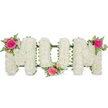A poignant MUM floral tribute dominates the frame, its three capital letters aligned in a gentle arc atop a slim, dark green support bar. The arrangement is photographed against a bright white background, making every petal and leaf stand out with crisp clarity. Each letter is tightly packed with white chrysanthemums, their small, rounded blooms creating an even, pillow-soft texture that gives the tribute a calm and comforting presence. The chrysanthemum heads nestle so closely that barely any of the underlying framework shows through, just a fine edge of green ribbon around the base that adds a quiet contrast. Touches of colour are added sparingly yet powerfully. On the upper left corner of the first M, a cluster of roses bursts from the white: one fully open fuchsia rose surrounded by smaller pale pink spray roses, buds, and delicately serrated fern leaves, echoing the look of a hand-picked garden posy. The U features a similar cluster tucked into its lower central curve, drawing attention to the centre of the word, while the final M carries a matching spray at its top right corner, balancing the design visually from side to side. The lighting is soft but bright enough to show the subtle gloss on the foliage and the intricate petal structure of the roses and chrysanthemums. It feels like a piece created in a quiet Clerkenwell studio just off Farringdon Road, ready to be delivered to a local chapel, crematorium, or cemetery. This traditional MUM arrangement conveys love, gratitude, and remembrance in a way that is both classic and deeply personal, making it a fitting tribute for a much-loved mother.