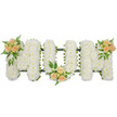 This image shows a long, horizontal funeral flower tribute where the word MUM is spelled out in three bold, capital letters made entirely from white spray chrysanthemums. The chrysanthemums are closely packed to form a smooth, cushion-like surface, so that the letters appear full and generous, with the countless tiny petals giving a soft, clouded texture. The piece is set against a bright white background that highlights every curve and angle, while a dark green frame and ribbon edge subtly outline and support the structure of the letters. Gently breaking up the white expanse are three artfully arranged clusters of soft peach and blush pink roses, each accented with lush foliage. One grouping is placed at the top left of the first M, another rests at the base of the central U, and the final cluster sits at the top right of the second M, creating a pleasing, balanced rhythm across the design. Within these clusters, open roses and smaller buds mingle with airy ferns and darker leaves, adding depth, contrast, and a sense of living garden freshness. The overall feeling is tender and composed, with the white flowers symbolising peace and the peach roses suggesting warmth, gratitude, and cherished memories. It is the kind of bespoke funeral arrangement you might see prepared by an experienced Clerkenwell florist serving families around Old Street, Farringdon, and nearby churches, designed to rest by the coffin or near the pulpit as a deeply personal way to honour and say farewell to a beloved mother.