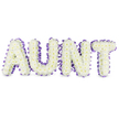 A calm, carefully composed tribute spells AUNT in large, sculpted letters made entirely of pristine white spray chrysanthemums, each tiny bloom forming a soft, cloud-like carpet across the faces of the frames. The chrysanthemums keep their delicate, ruffled petals and occasional pale yellow centres, tiny suns that lend a whisper of warmth to the otherwise pure white surface. Around each letter a deep purple satin ribbon is gently ruched and pleated, its satin sheen catching the light and creating a soft contrast to the matte texture of the flowers; the ribbon traces every curve and corner, creating a finished, framed edge that reads as both respectful and tender. Subtle grey shadows beneath the letters suggest their three-dimensional construction and the way they lift slightly off the pristine white backdrop, so the tribute reads like an object you could reach out and touch. There is a faint, green-tinged, dewy scent from the fresh chrysanthemums, a clean, comforting aroma that sits quietly beneath the visual composition. The overall effect is dignified but intimate - a floral message that honours the role of an aunt with warmth rather than grandiosity. As a local florist who has arranged many such commissions for services at nearby St John's Church and memorials around Clerkenwell Green, I shape these pieces to feel steady and consoling; they travel well and are handled with care for delivery across Exmouth Market and Leather Lane. The arrangement is made to be a visual embrace, a personalized remembrance that reads clearly from the front row of a service and carries the soft reassurance of familiarity for family and friends.