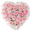 A perfectly formed heart of flowers fills the frame: dozens of soft pink roses, tightly packed into a symmetrical heart, their velvety petals ranging from whisper-pale blush to a slightly deeper rose hue. Nestled among the roses are countless tiny white sprays of baby's breath (Gypsophila), their cloud-like clusters lifting the composition with a delicate, lacy texture that defines the heart against a pristine white background. Some roses sit as furled buds, others unfurl in gentle spirals, the subtle gradation of petal colour and the dewy sheen on each bloom catching the bright, even light to reveal shadowed depth between petals. The overall effect is lush and intimate - a floral embrace that reads as tender, devoted love and quiet celebration. This arrangement suggests occasions of romance and remembrance alike: anniversaries, wedding declarations, Valentine's messages, or a graceful tribute in times of sympathy. The tactile sense is almost present; you can imagine the cool, satiny touch of outer petals and the faint, honeyed scent drifting from the centre of fully open blooms. Composed with meticulous care, the heart conveys softness and precision in equal measure, an artisanal statement suitable for a lover's doorstep or a chapel mantle. Its purity against white emphasises freshness and clarity of sentiment, making the piece both a visual and emotional focal point for any tender moment in and around Clerkenwell and nearby Spa Fields or Exmouth Market.