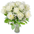 A luminous, full bouquet of classic white roses arranged with airy sprays of baby's breath sits in a clear, gently flared glass vase, filling the frame with quiet elegance. The roses are large and fully open, each petal unfolding in soft spirals of pristine ivory; a few tight centres carry a hint of creamy-yellow that gives the blooms a warm, natural depth. Interspersed among the roses, clusters of tiny gypsophila create a delicate, cloud-like veil that lightens the composition and adds a soft, cottony texture against the smooth satin of the rose petals. Beneath and between the flowers, rich green foliage fans out in varied shapes-oval, lanceolate and slightly glossy-providing a vivid contrast that grounds the bouquet and enhances the whites. The stems are neatly trimmed and visible through the clear water in the vase, lending a sense of freshness and honesty to the arrangement. Bright, even daylight washes over the scene, catching the subtle sheen on each petal and making the whites appear almost luminous, as though touched by morning light filtering through a Clerkenwell window. The bouquet smells faintly of fresh roses with a green, dewy undertone-an uplifting, calming scent that suits both joyful and reverent moments. Thoughtfully balanced and refined, this arrangement is a timeless choice for weddings, anniversaries, or as a comforting sympathy gesture; it would also make a serene centrepiece in a quiet Clerkenwell flat or a tasteful welcome on a reception desk near Exmouth Market.