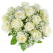 The bouquet is a vision of pure tranquility: roughly two dozen freshly opened white roses clustered into a dense, dome-like hand-tied shape, each bloom showing a creamy, tightly furled centre that softens out to crisp, bright outer petals. Tiny clouds of gypsophila (baby's breath) are interwoven throughout, their star-like clusters lending a misty, lace-like texture that contrasts gently with the velvety weight of the roses. Deep green, glossy foliage peeks from beneath and between the flowers, giving subtle structure while letting the white blooms remain the visual heart of the composition. Photographed against a brilliant white background, the arrangement reads as immaculately pure and timeless; the soft daylight brings out a faint ivory warmth in the inner petals and a clean, cool white on the outer layers. There is a delicate, unobtrusive scent-fresh, slightly sweet-that conjures early summer mornings and quiet domestic rooms. The overall effect is deliberately restrained and elegant, a bouquet that carries both celebration and solace: appropriate for a bride on her wedding morning, a christening, an anniversary, or as a respectful tribute in moments of remembrance. As a local Clerkenwell florist's piece, it feels at home beside the calm stone squares and narrow lanes of the area, where white flowers often mark meaningful gatherings and quiet commemoration. Every element has been chosen to speak of purity, calm, and thoughtful craft, offering a gentle visual and sensory embrace to the recipient.