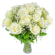 A hand-tied bouquet of immaculate white roses sits poised in a clear glass vase, each bloom opening in layered spirals of creamy petals that catch the light like soft porcelain. Nestled between the roses, clouds of pale gypsophila twinkle throughout the design, their tiny star-like flowers creating a delicate, airy veil around the central blooms and lending a feeling of weightless elegance. Glossy, forest-green leaves peek from beneath the heads, their smooth texture and deep colour grounding the composition and giving a lush backdrop to the snowy whites. The stems are gathered neatly so the vertical rhythm of green shows through the vase; water gleams along the cut ends, a small detail that signals freshness and careful handling. In the gentle morning light the bouquet feels calm and dignified-an arrangement that reads as both celebratory and contemplative.As a florist who often delivers to homes and offices around Clerkenwell, I picture this arrangement on a dining table after a small, heartfelt gathering or resting on a mantel in a quiet flat near Exmouth Market. The scent is subtle: a classic rose note with hints of fresh linen and early spring air rather than something overpowering. I would recommend this bouquet for weddings that favour simplicity, for anniversaries that call for understated devotion, or as an expression of sympathy and solace when words fall short. The craftsmanship is intentional but unassuming-each stem chosen for strength and each spray of gypsophila placed to suggest starlight. It is a timeless, serene composition that conveys purity, hope, and a quiet, refined affection.