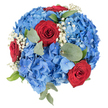 Viewed from directly above against a crisp white background, this perfectly rounded bouquet reads like a miniature celebration in bloom. The foundation is a dense cushion of blue hydrangeas whose clustered florets range from pale sky blue to deeper sapphire, their papery petals catching soft, even light to create a cool, voluminous base. Punctuating that sea of blue are several prominent deep-red roses with tightly furled, velvety petals - each rose a dramatic, passionate focal point that draws the eye inward. Scattered throughout are fine sprays of baby's breath, tiny white stars that lift the composition with delicate brightness and a whisper of airiness. Broad, muted green eucalyptus leaves and a few sharper green sprigs are tucked into the curve of the dome, their rounded and lance-shaped silhouettes grounding the palette and adding a faint herbal note to the imagined scent. The overall shape is compact and domed, the blooms packed closely to suggest abundance and careful hand-tying by an experienced florist. The arrangement's red, white and blue harmony feels at once festive and intimate: suitable as a patriotic centerpiece, a commemorative tribute, or a heartfelt gift for personal milestones. As if placed on a clean studio table in Clerkenwell, the bouquet's textures - the hydrangeas' softness, the roses' velvet, the baby's breath's feathery lace, the eucalyptus' matte coolness - are all clearly readable even in a single photograph, making the image accessible to someone who depends on words to picture colour, form, and sentiment.