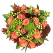 Seen from directly above against a clean white background, this compact autumn bouquet feels like a warm breath of late-season air. Coral-peach and deep orange roses form the circular heart of the design; each bloom opens in layered spirals with inner petals in soft peach graduating to outer edges brushed with a russet, reddish-rust tone that reads like the last gold of a September afternoon. Scattered through the blooms are glossy clusters of Hypericum berries - some a zesty lime-green, others a pale creamy-yellow - their smooth, rounded forms catching light like tiny dewdrops. Sprigs of Green Trick dianthus, mossy and densely textured, nestle low among the roses and add a surprising, velvety contrast, as if someone tucked a patch of garden moss into the arrangement. Large, broad glossy leaves and smaller serrated greens provide a lush backdrop, while dramatic lobed leaves in deep burgundy and burnt orange are placed to mimic fallen maple leaves and reinforce the harvest palette. The top-down composition is intentionally tight and abundant; soft, diffuse lighting reveals velvety petal surfaces and casts gentle shadows that give depth without harsh contrast. The overall effect is cozy and celebratory - a centerpiece suited to a Thanksgiving table, an autumn housewarming on Exmouth Market, or a thoughtful gift to comfort and uplift. A subtle earthy scent of roses, greenery and damp moss seems almost present, suggesting a bouquet assembled that morning by a local hand. This arrangement balances texture and tone to evoke gratitude, seasonal richness and the reassuring calm of an autumn walk through Clerkenwell's quieter lanes.