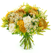 A rich, hand-tied bouquet stands upright against a bright white background, its round, generous shape radiating the mellow warmth of early autumn in Clerkenwell. At its core, large chrysanthemums in deep honeyed yellow, pumpkin orange, and soft bronze form a textured tapestry, each bloom dense with fine, quill-like petals that add both fullness and a hint of rustic charm. Nestled among these are creamy white roses, their smooth, velvety petals spiralling outward in graceful layers, offering a calm, refined contrast that gently softens the bolder colours. Adding a distinctive twist, velvety cockscomb celosia blooms in golden-yellow and orange curl into elaborate, coral-like ridges, their plush surfaces catching the light and drawing the eye with their unusual, sculptural form. Scattered throughout, dainty white daisylike flowers with golden centres mimic the look of chamomile, bringing a playful, garden-picked feel that is reminiscent of relaxed Saturday strolls around local green spaces and hidden squares near Clerkenwell Green. Surrounding and weaving between all the blooms, feathery sprigs of bright lime-green solidago and a mix of fresh foliage introduce lightness, height, and a vibrant contrast, making the arrangement feel open and alive rather than overly formal. The flower stems are gathered closely at the base and wrapped securely with green florist's tape, clearly showing the skill of a professional florist and making the bouquet look ready to be slipped into a waiting vase. Bathed in even, natural-style lighting, every petal, frond, and ruffle is clearly defined, creating a bouquet that feels perfect for an autumnal thank-you, a cosy dinner in a loft near St John's Square, or a thoughtful same-day delivery to brighten a friend's home in Clerkenwell.