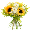 A joyful, sunlit bouquet is shown in clear detail against a bright white background, allowing its colours to shine with almost luminous intensity. Dominating the composition are bold sunflowers, each wide bloom boasting a dark, seed-rich centre surrounded by circles of vivid yellow petals that seem to glow outward, evoking the warmth of a clear summer day. Interspersed among these golden giants are creamy white roses, their petals elegantly layered and slightly curled at the edges, bringing a sense of grace and softness to the rustic energy of the sunflowers. Dotted throughout, delicate white daisy-like flowers, reminiscent of chamomile or feverfew, add texture and gentle movement, their small yellow centres echoing the sunny palette while giving the eye plenty of fine detail to explore. The entire bouquet is wrapped in a halo of bright lime and chartreuse greenery, with slender, feathery stems and tiny buds creating an airy, meadow-like backdrop that feels both fresh and abundant, rather like the greenery you might notice in pockets of planting around Clerkenwell Road or near St James's Church Garden. The stems are kept long and natural, drawn together into a tidy bundle and finished with a slim lime-green ribbon tied securely at the base, the fabric's soft sheen complementing the foliage. The rounded, hand-crafted design gives the impression of a bouquet freshly gathered and expertly arranged, perfect for lifting someone's spirits, welcoming a new arrival, or adding a cheerful accent to a Clerkenwell home or studio with same-day local delivery.