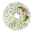 A gently lit, high-angle image shows a circular wreath designed for a funeral or remembrance, its form built entirely from delicate white Baby's Breath flowers that cluster together into a plush, cloud-like ring. The gypsophila is so densely packed that the underlying base disappears, leaving only a continuous band of tiny, star-like blooms that suggest purity and quiet peace. The ring surrounds a clean, open centre, reminiscent of a calm, contemplative space where thoughts and memories can rest. On the lower right curve, two graceful calla lilies have been artfully placed as the focal point. Their refined, trumpet-shaped blooms are saturated at the tips with deep burgundy and magenta tones, which then soften into green as the colour moves along the underside of the petals and into their smooth, elongated stems. These stems bend gently and disappear back into the Baby's Breath, as if cradled by the white floral cushion. The white background ensures that every detail of the flowers stands out clearly, from the airy texture of the gypsophila to the sleek, sculptural lines of the callas. The composition feels both modern and timeless, the kind of piece a local Clerkenwell florist might prepare for a service at a nearby churchyard or a quiet gathering in a historic courtyard. It expresses themes of innocence, devotion, and enduring love, offering a serene and dignified way to honour a life and bring a subtle sense of beauty to a solemn farewell.